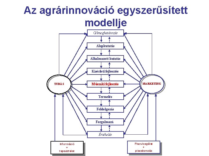 Az agrárinnováció egyszerűsített modellje Célmeghatározás Alapkutatás Alkalmazott kutatás Kísérleti fejlesztés TUDÁS Műszaki fejlesztés MARKETING