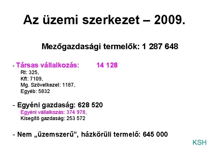 Az üzemi szerkezet – 2009. Mezőgazdasági termelők: 1 287 648 - Társas vállalkozás: Rt: