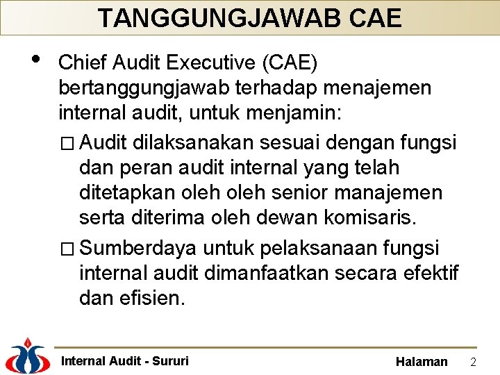 TANGGUNGJAWAB CAE • Chief Audit Executive (CAE) bertanggungjawab terhadap menajemen internal audit, untuk menjamin: