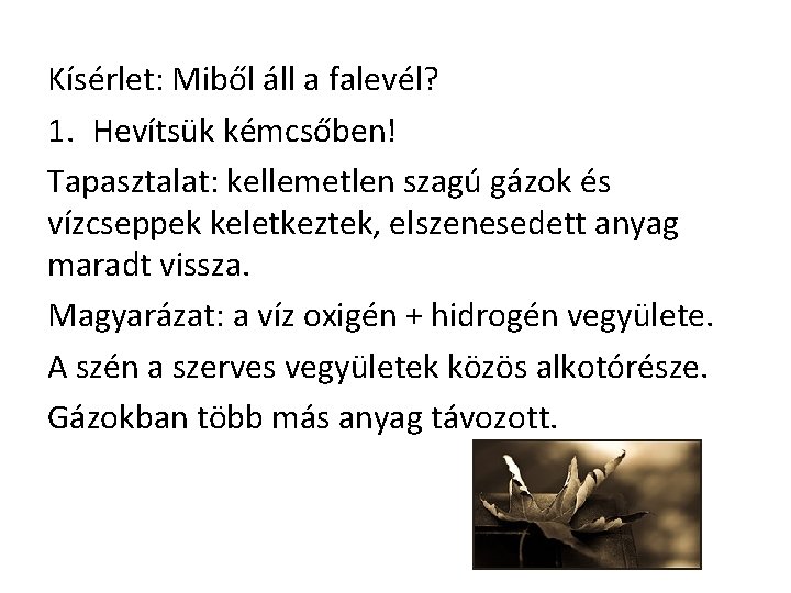 Kísérlet: Miből áll a falevél? 1. Hevítsük kémcsőben! Tapasztalat: kellemetlen szagú gázok és vízcseppek Kísérlet: Miből áll a falevél? 1. Hevítsük kémcsőben! Tapasztalat: kellemetlen szagú gázok és vízcseppek