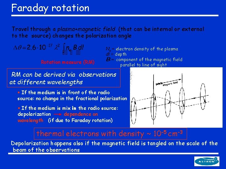 Faraday rotation Travel through a plasma+magnetic field (that can be internal or external to