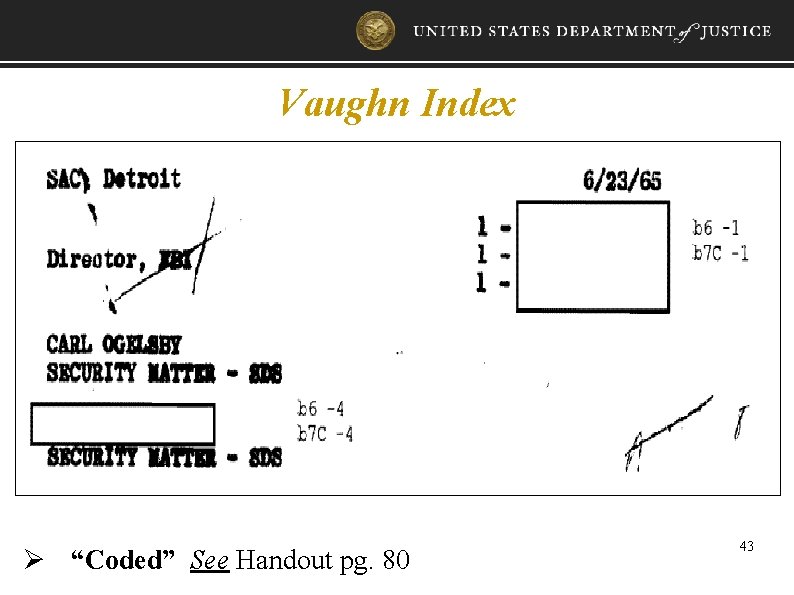Vaughn Index Ø “Coded” See Handout pg. 80 43 
