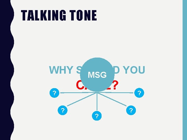 TALKING TONE WHY SHOULD YOU MSG CARE? ? ? 