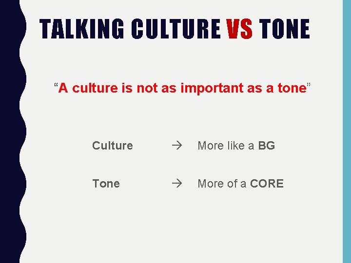 TALKING CULTURE VS TONE “A culture is not as important as a tone” Culture