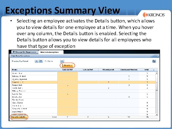 Exceptions Summary View • Selecting an employee activates the Details button, which allows you
