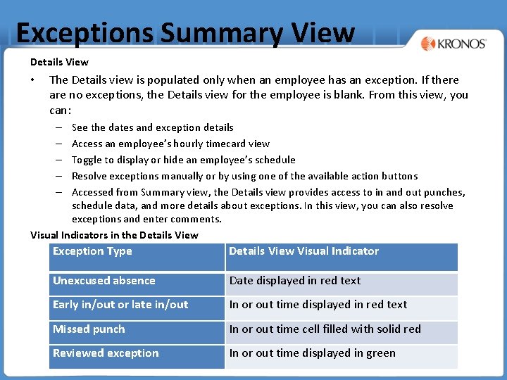 Exceptions Summary View Details View • The Details view is populated only when an