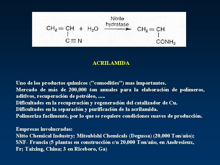 ACRILAMIDA Uno de los productos quimicos ("comodities") mas importantes. Mercado de más de 200,