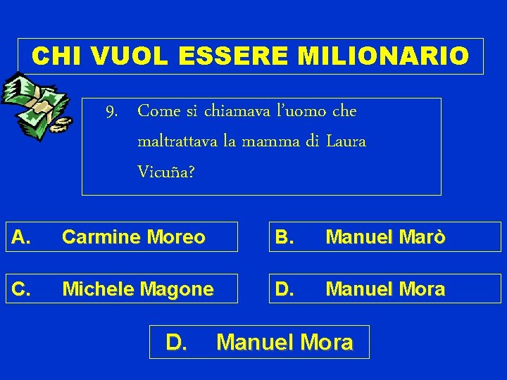 CHI VUOL ESSERE MILIONARIO 9. Come si chiamava l’uomo che maltrattava la mamma di