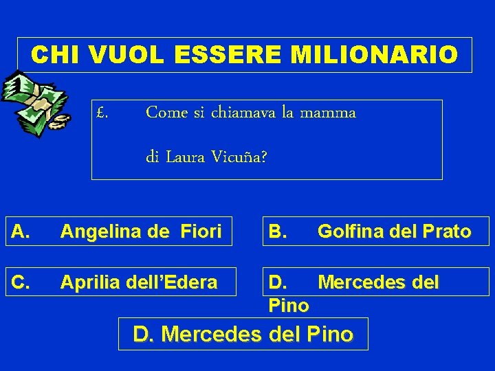 CHI VUOL ESSERE MILIONARIO £. Come si chiamava la mamma di Laura Vicuña? A.