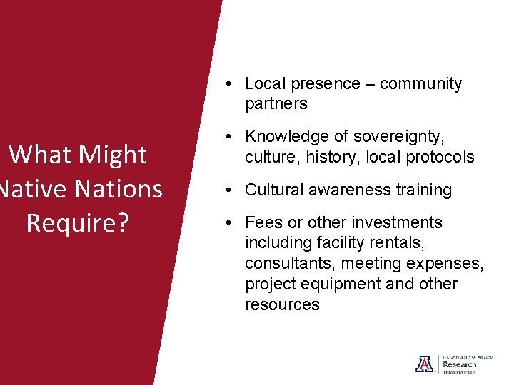 What Might Native Nations Require? • Local presence – community partners • Knowledge of