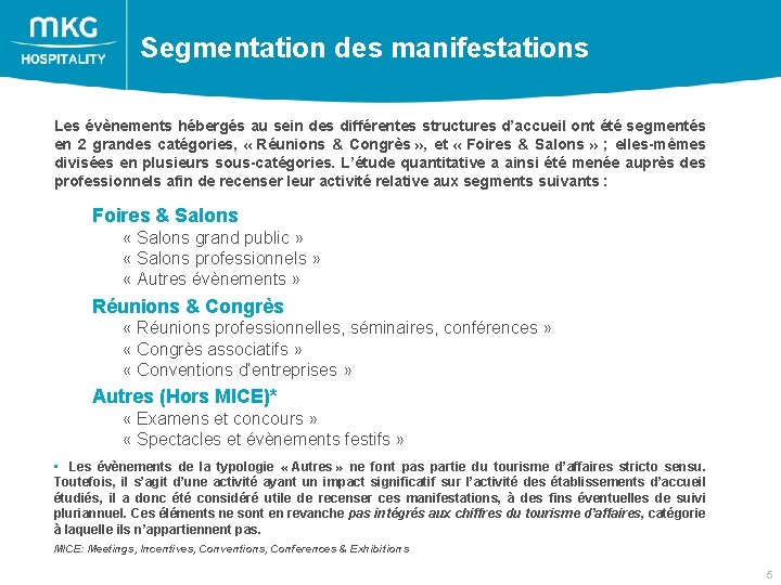  Segmentation des manifestations Les évènements hébergés au sein des différentes structures d’accueil ont