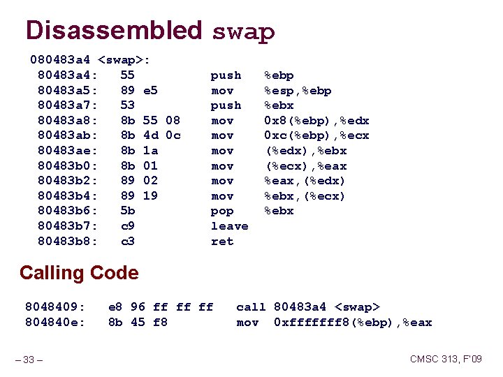 Disassembled swap 080483 a 4 <swap>: 80483 a 4: 55 push %ebp 80483 a