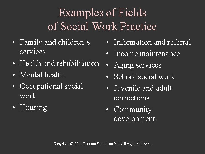 Examples of Fields of Social Work Practice • Family and children’s services • Health