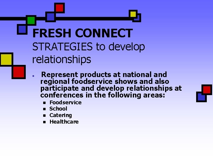 FRESH CONNECT STRATEGIES to develop relationships n Represent products at national and regional foodservice
