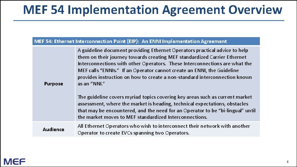 MEF 54 Implementation Agreement Overview MEF 54: Ethernet Interconnection Point (EIP): An ENNI Implementation MEF 54 Implementation Agreement Overview MEF 54: Ethernet Interconnection Point (EIP): An ENNI Implementation