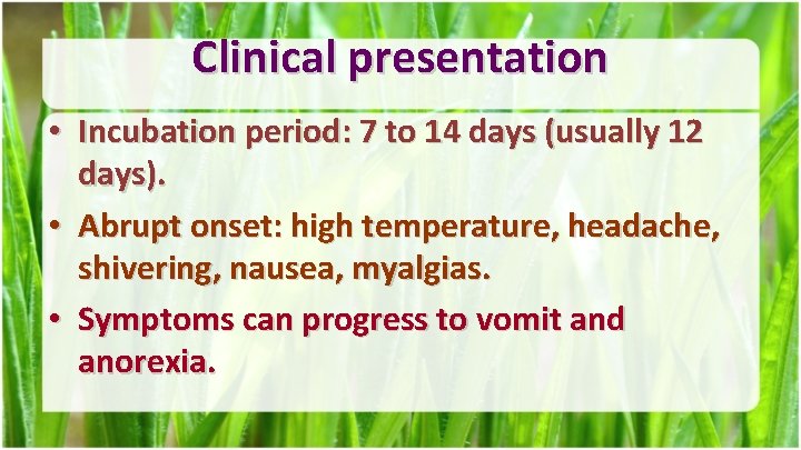 Clinical presentation • Incubation period: 7 to 14 days (usually 12 days). • Abrupt