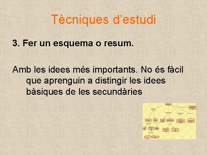 Tècniques d’estudi 3. Fer un esquema o resum. Amb les idees més importants. No