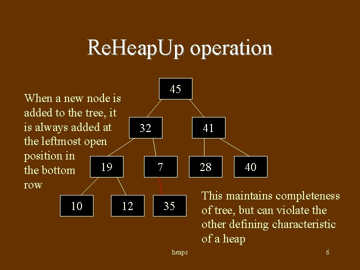 Re. Heap. Up operation 45 When a new node is added to the tree,