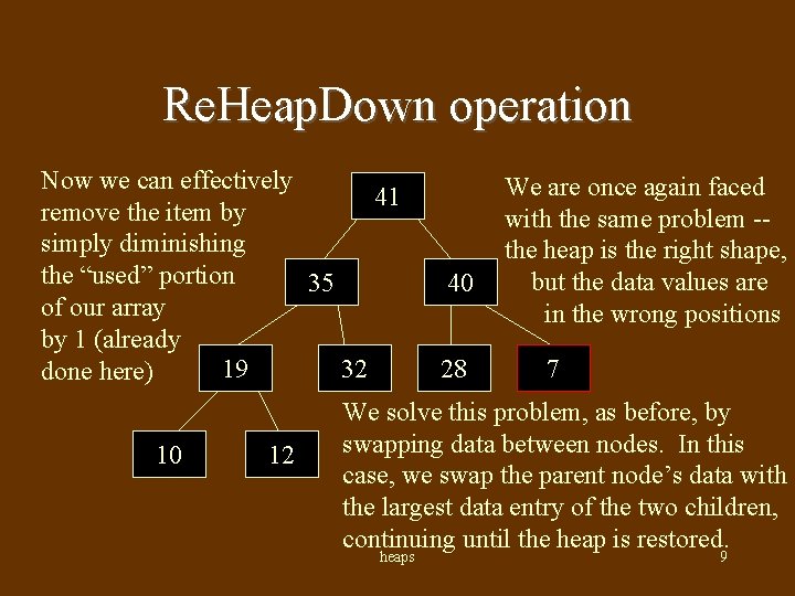 Re. Heap. Down operation Now we can effectively 45 41 7 remove the item