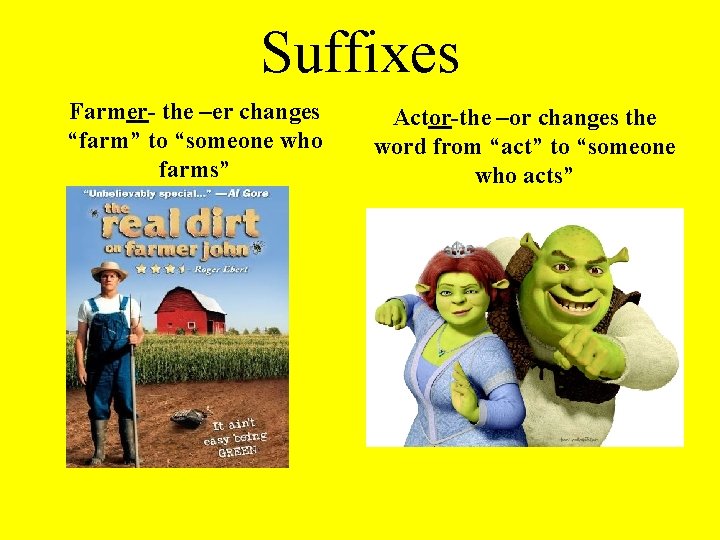 Suffixes Farmer- the –er changes “farm” to “someone who farms” Actor-the –or changes the