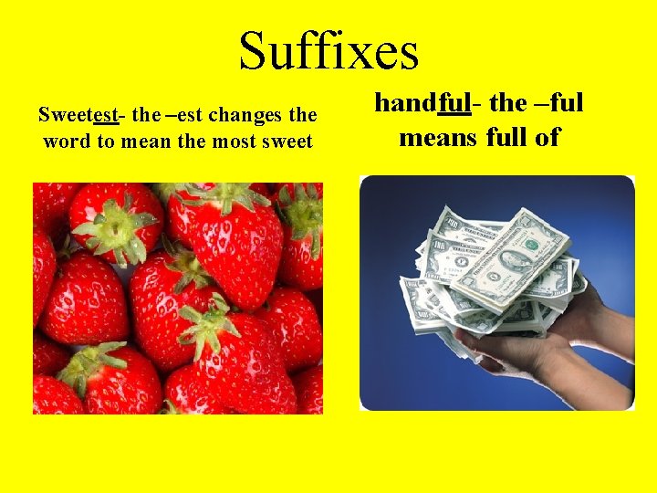 Suffixes Sweetest- the –est changes the word to mean the most sweet handful- the