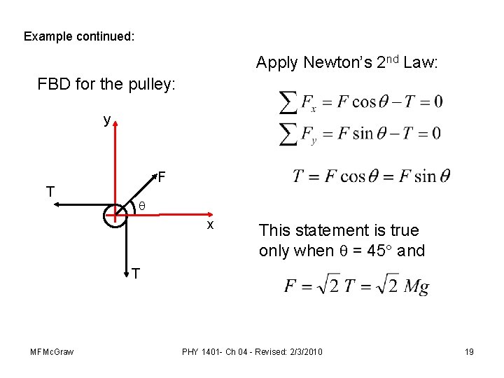 Example continued: Apply Newton’s 2 nd Law: FBD for the pulley: y T F