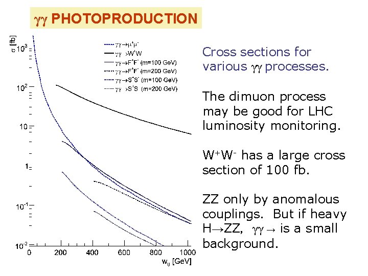 γγ PHOTOPRODUCTION Cross sections for various γγ processes. The dimuon process may be good