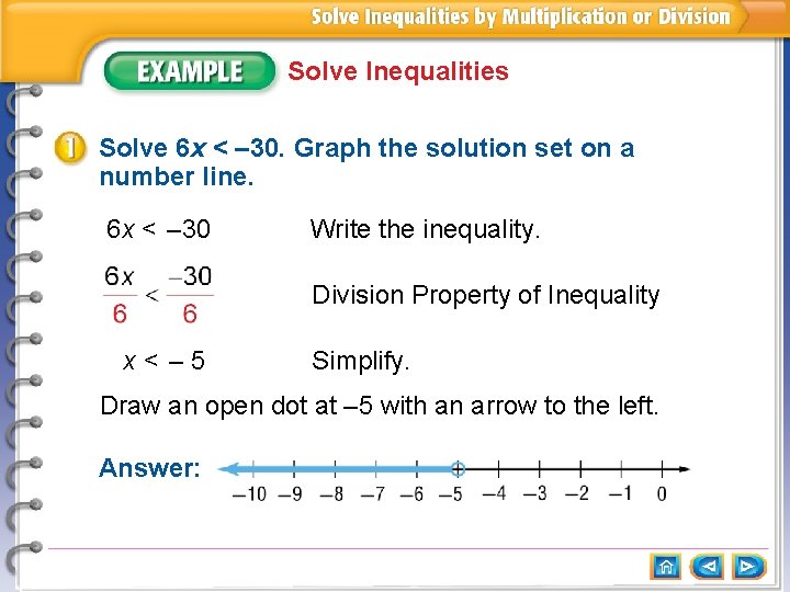 Solve Inequalities Solve 6 x < – 30. Graph the solution set on a