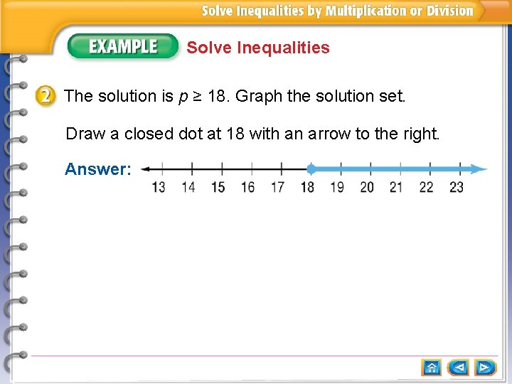 Solve Inequalities The solution is p ≥ 18. Graph the solution set. Draw a