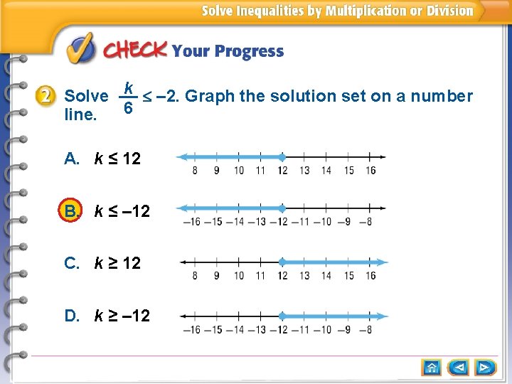 k – 2. Graph the solution set on a number Solve __ 6 line.