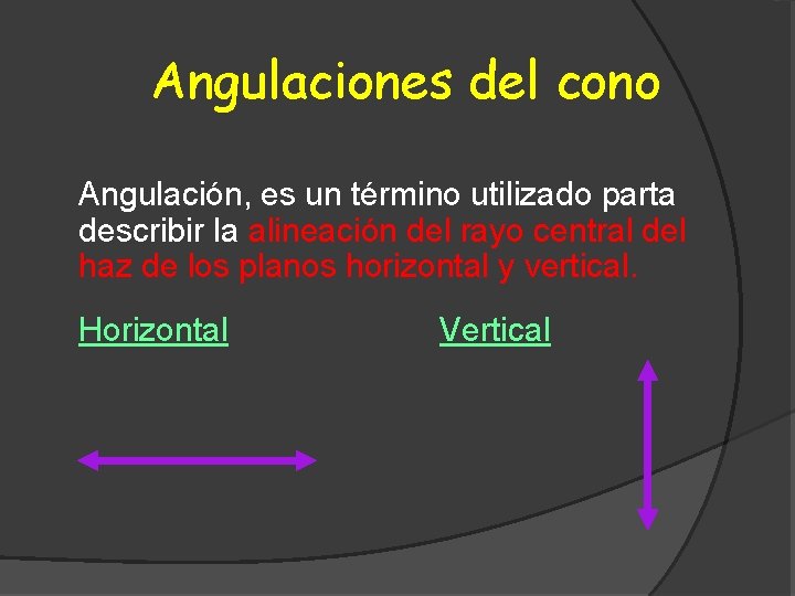 Angulaciones del cono Angulación, es un término utilizado parta describir la alineación del rayo