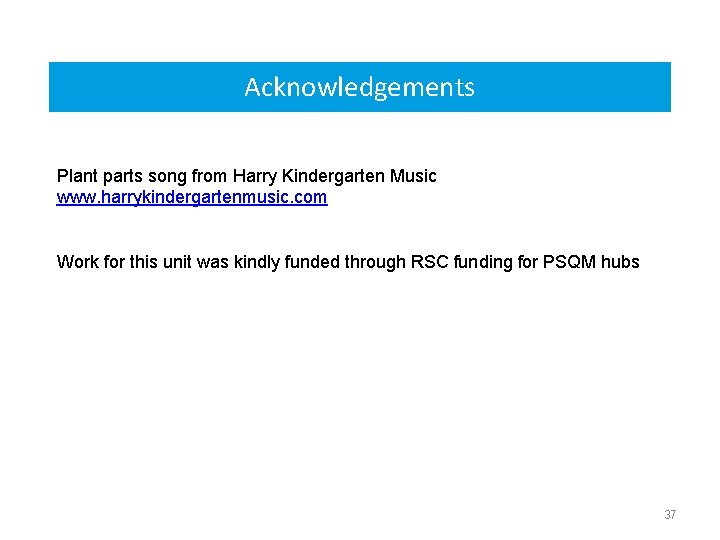 Acknowledgements Plant parts song from Harry Kindergarten Music www. harrykindergartenmusic. com Work for this