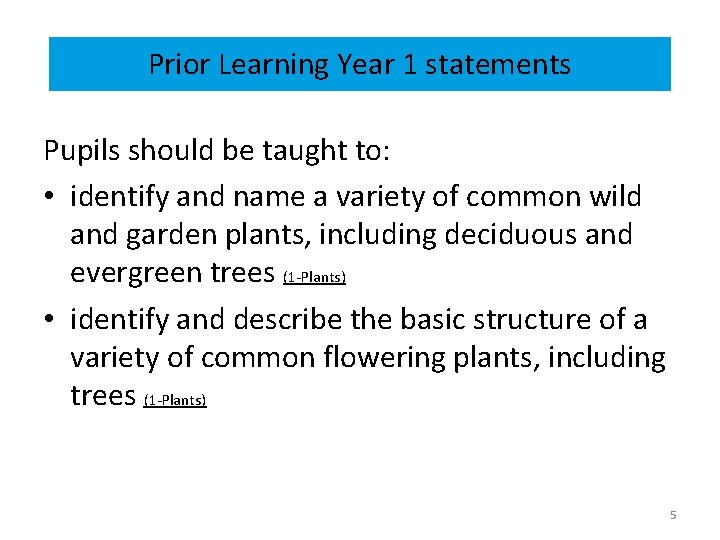 Prior Learning Year 1 statements Pupils should be taught to: • identify and name