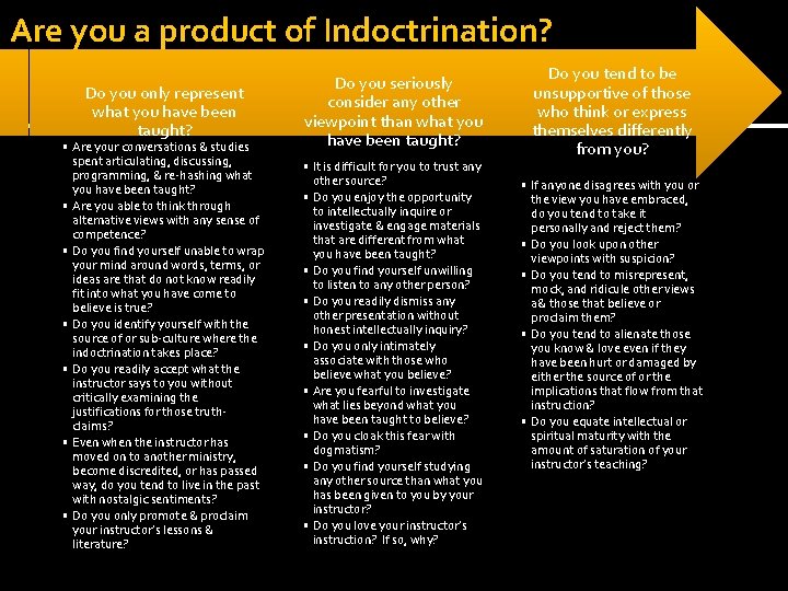 Are you a product of Indoctrination? Do you only represent what you have been Are you a product of Indoctrination? Do you only represent what you have been