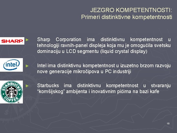 JEZGRO KOMPETENTNOSTI: Primeri distinktivne kompetentnosti ► Sharp Corporation ima distinktivnu kompetentnost u tehnologiji ravnih-panel