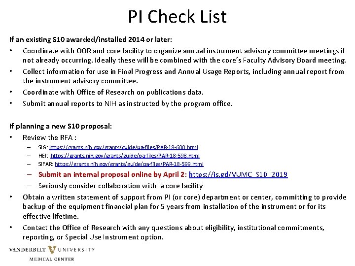 PI Check List If an existing S 10 awarded/installed 2014 or later: • Coordinate PI Check List If an existing S 10 awarded/installed 2014 or later: • Coordinate