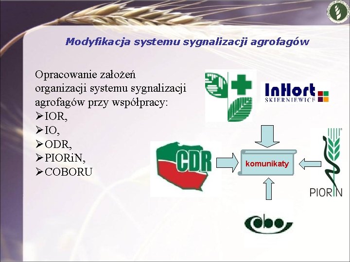 Modyfikacja systemu sygnalizacji agrofagów Opracowanie założeń organizacji systemu sygnalizacji agrofagów przy współpracy: ØIOR, ØIO,