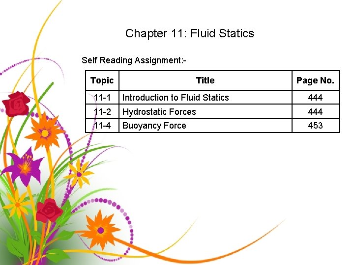 Chapter 11: Fluid Statics Self Reading Assignment: Topic Title Page No. 11 -1 Introduction