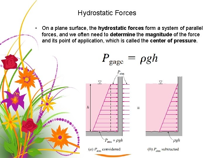 Hydrostatic Forces • On a plane surface, the hydrostatic forces form a system of