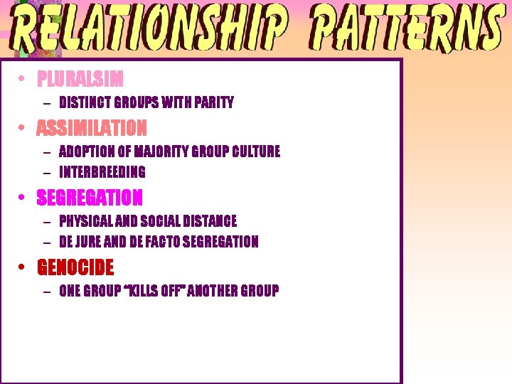 • PLURALSIM – DISTINCT GROUPS WITH PARITY • ASSIMILATION – ADOPTION OF MAJORITY • PLURALSIM – DISTINCT GROUPS WITH PARITY • ASSIMILATION – ADOPTION OF MAJORITY