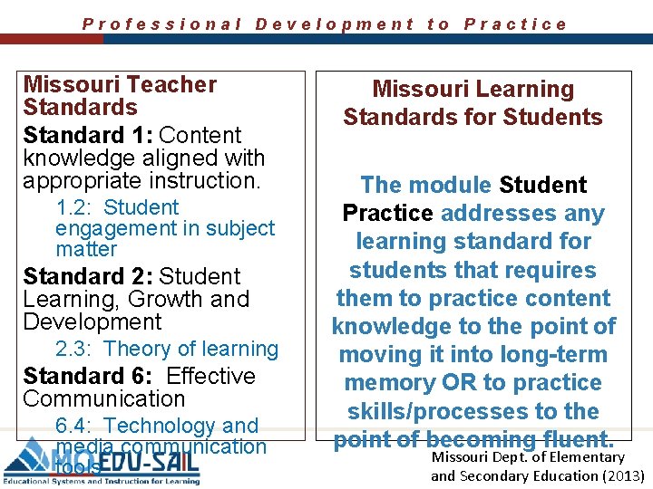 Professional Development to Practice Missouri Teacher Standards Standard 1: Content knowledge aligned with appropriate