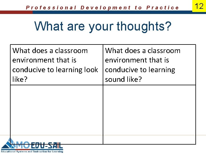 Professional Development to Practice What are your thoughts? What does a classroom environment that
