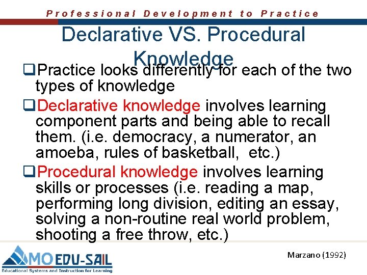 Professional Development to Practice Declarative VS. Procedural Knowledge q. Practice looks differently for each