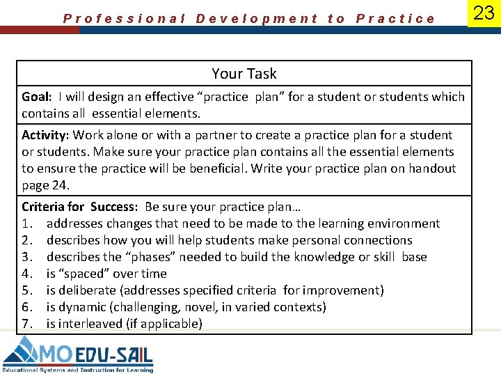 Professional Development to Practice Your Task Goal: I will design an effective “practice plan”