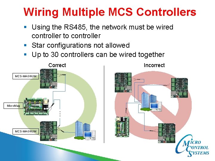 Wiring Multiple MCS Controllers § Using the RS 485, the network must be wired
