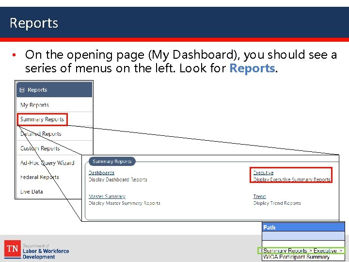 Reports • On the opening page (My Dashboard), you should see a series of