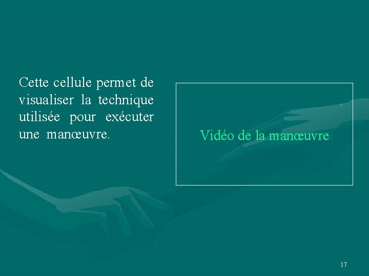 Cette cellule permet de visualiser la technique utilisée pour exécuter une manœuvre. Vidéo de