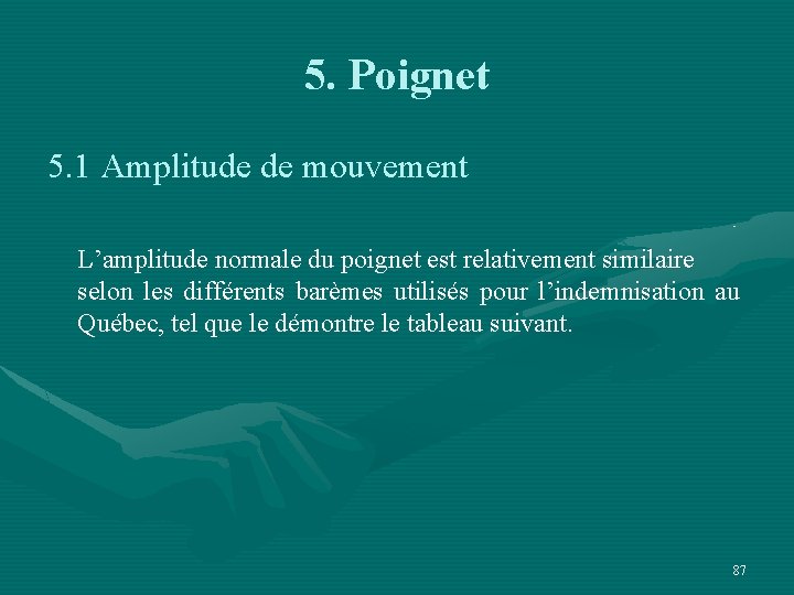 5. Poignet 5. 1 Amplitude de mouvement L’amplitude normale du poignet est relativement similaire