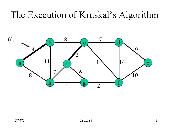 The Execution of Kruskal’s Algorithm (d) 8 b 4 9 h 4 i 7