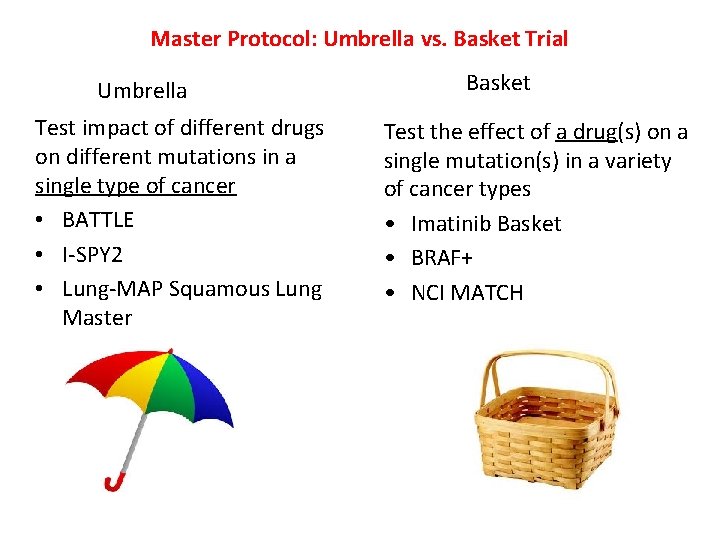 Master Protocol: Umbrella vs. Basket Trial Umbrella Test impact of different drugs on different